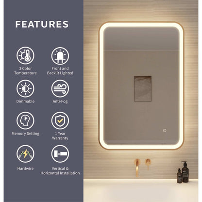 36 Inch Rectangle LED Front and Backlit Wall Mirror in Satin Gold