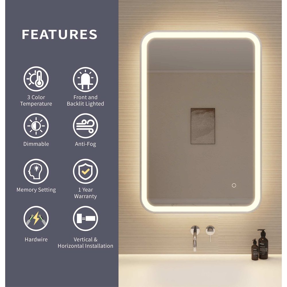 36 Inch Rectangle LED Front and Backlit Wall Mirror in Silver