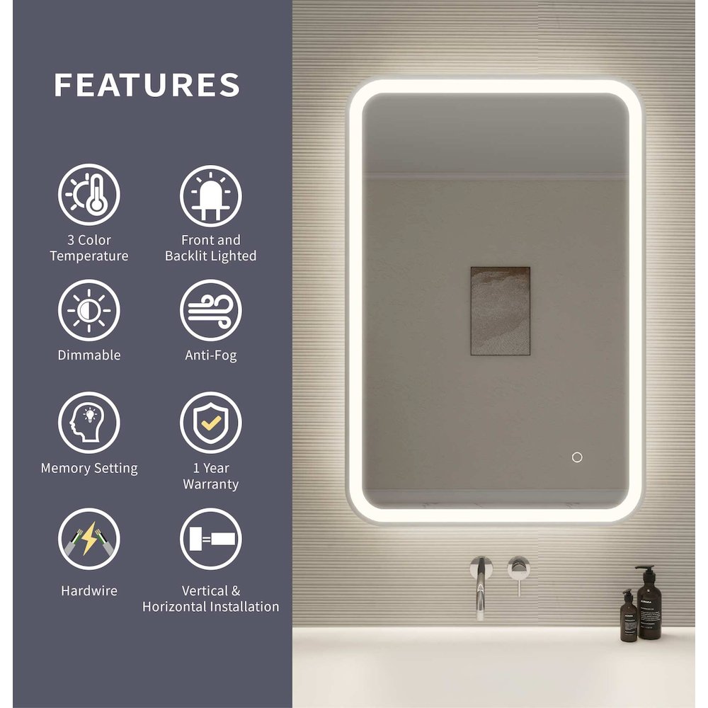 36 Inch Rectangle LED Front and Backlit Wall Mirror in Silver