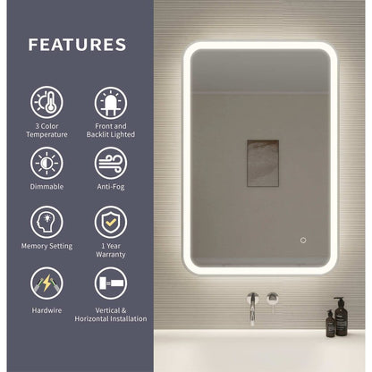 36 Inch Rectangle LED Front and Backlit Wall Mirror in Silver