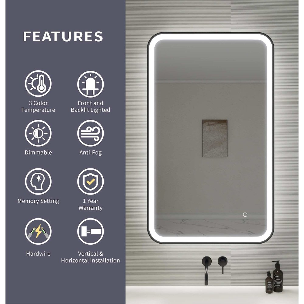 40 Inch Rectangle LED Front and Backlit Wall Mirror in Black