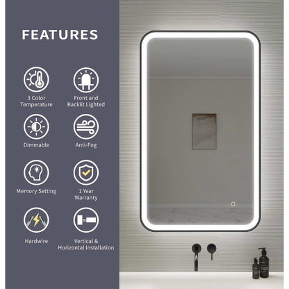 40 Inch Rectangle LED Front and Backlit Wall Mirror in Black