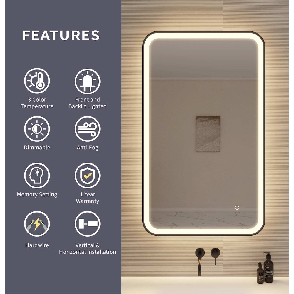 40 Inch Rectangle LED Front and Backlit Wall Mirror in Black