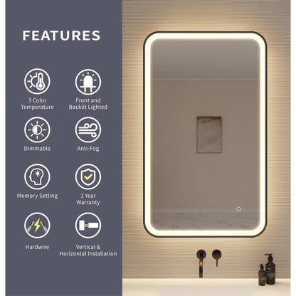 40 Inch Rectangle LED Front and Backlit Wall Mirror in Black