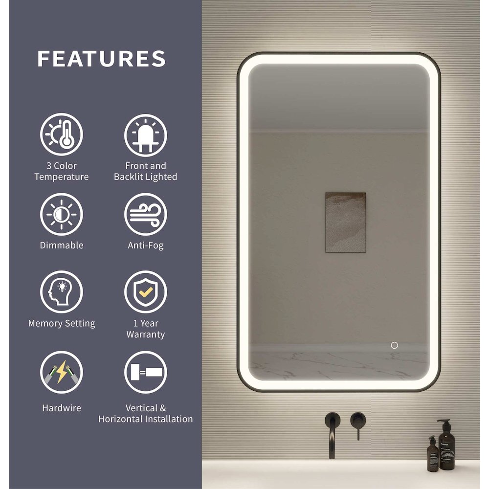 40 Inch Rectangle LED Front and Backlit Wall Mirror in Black