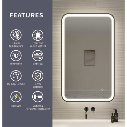 40 Inch Rectangle LED Front and Backlit Wall Mirror in Black