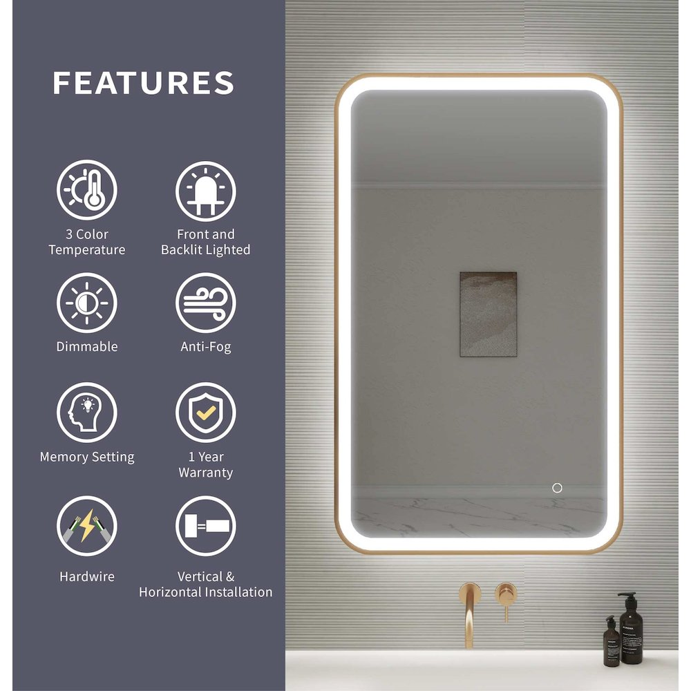 40 Inch Rectangle LED Front and Backlit Wall Mirror in Satin Gold