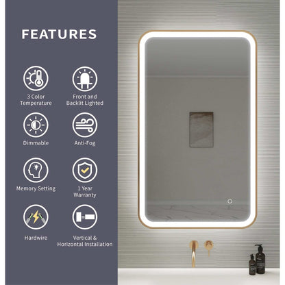 40 Inch Rectangle LED Front and Backlit Wall Mirror in Satin Gold