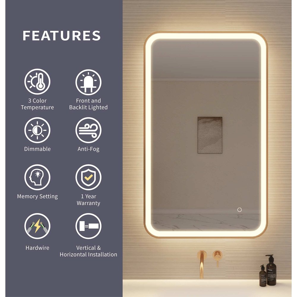 40 Inch Rectangle LED Front and Backlit Wall Mirror in Satin Gold