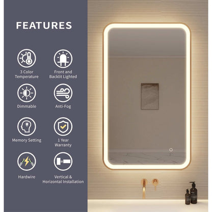 40 Inch Rectangle LED Front and Backlit Wall Mirror in Satin Gold