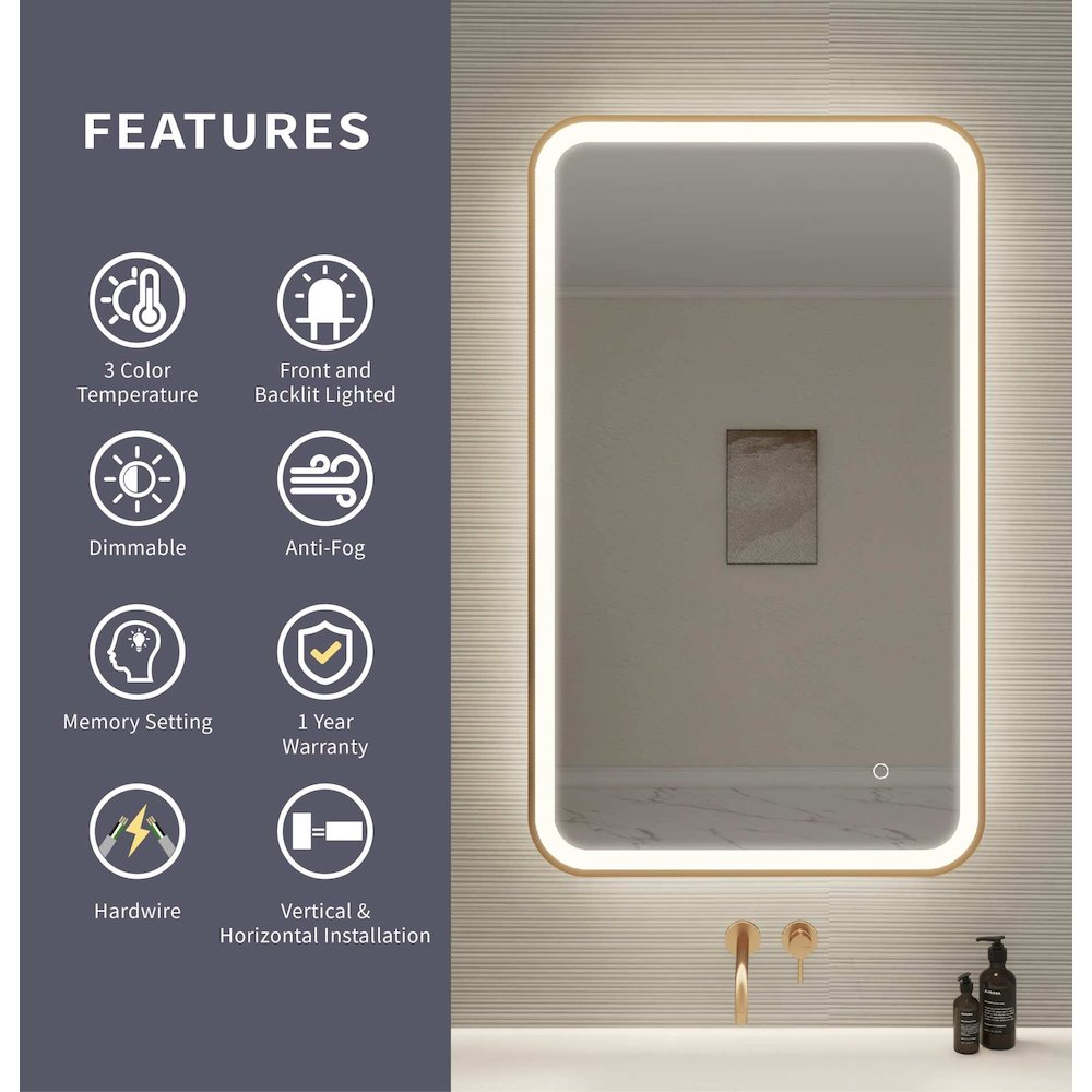 40 Inch Rectangle LED Front and Backlit Wall Mirror in Satin Gold