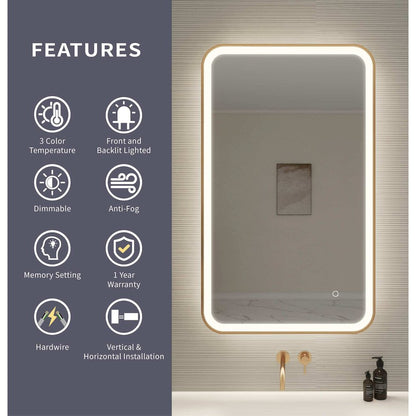 40 Inch Rectangle LED Front and Backlit Wall Mirror in Satin Gold