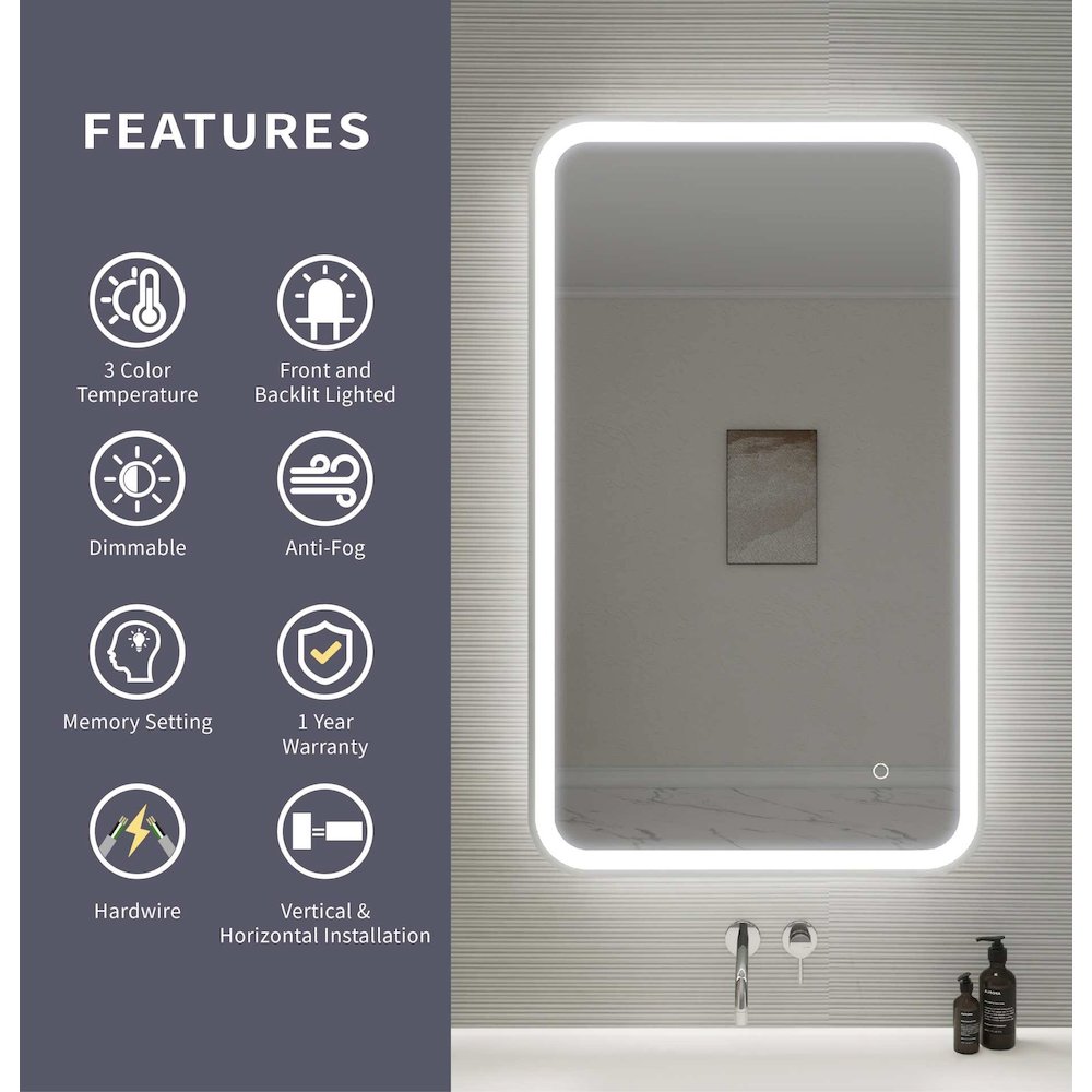 40 Inch Rectangle LED Front and Backlit Wall Mirror in Silver