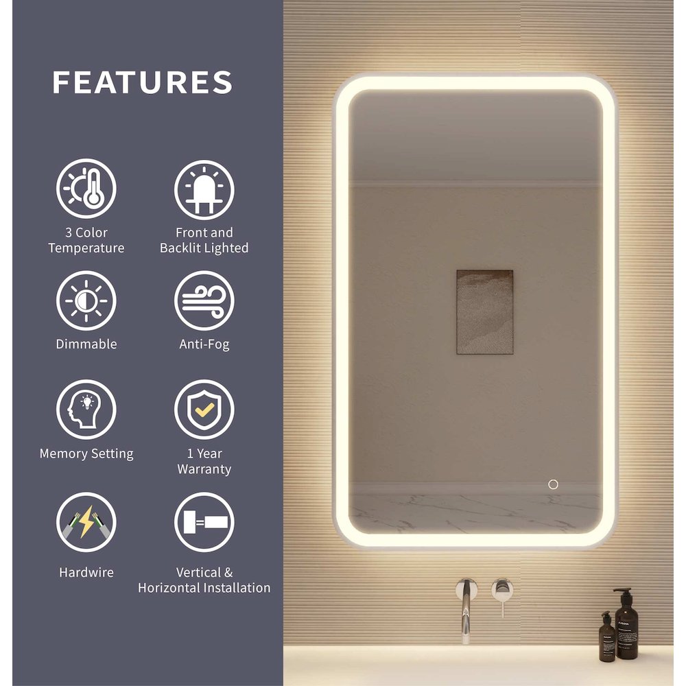 40 Inch Rectangle LED Front and Backlit Wall Mirror in Silver
