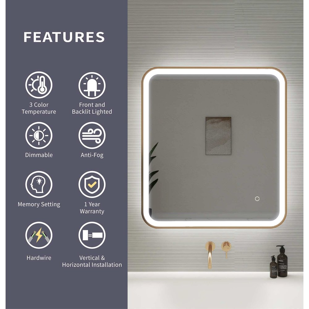 30 Inch Rectangle LED Front and Backlit Wall Mirror in Satin Gold
