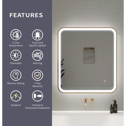 30 Inch Rectangle LED Front and Backlit Wall Mirror in Satin Gold