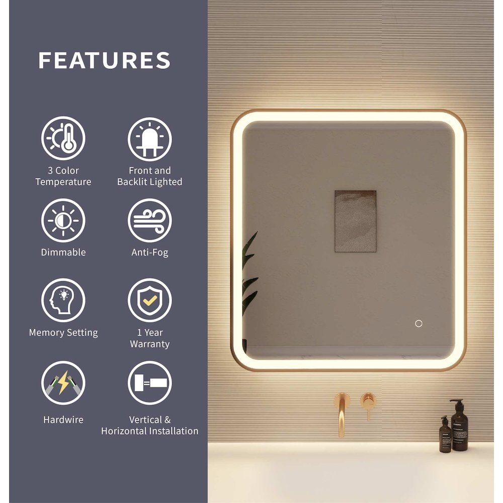 30 Inch Rectangle LED Front and Backlit Wall Mirror in Satin Gold