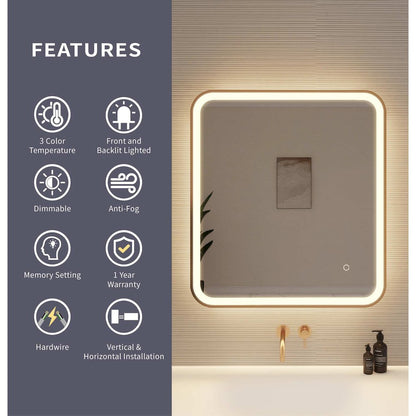 30 Inch Rectangle LED Front and Backlit Wall Mirror in Satin Gold