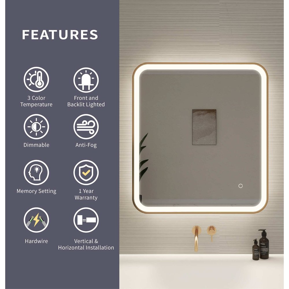 30 Inch Rectangle LED Front and Backlit Wall Mirror in Satin Gold