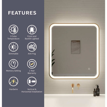 30 Inch Rectangle LED Front and Backlit Wall Mirror in Satin Gold