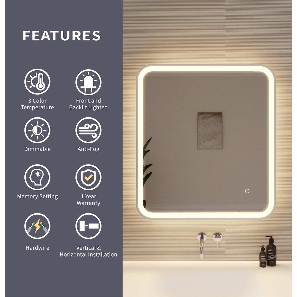 30 Inch Rectangle LED Front and Backlit Wall Mirror in Silver