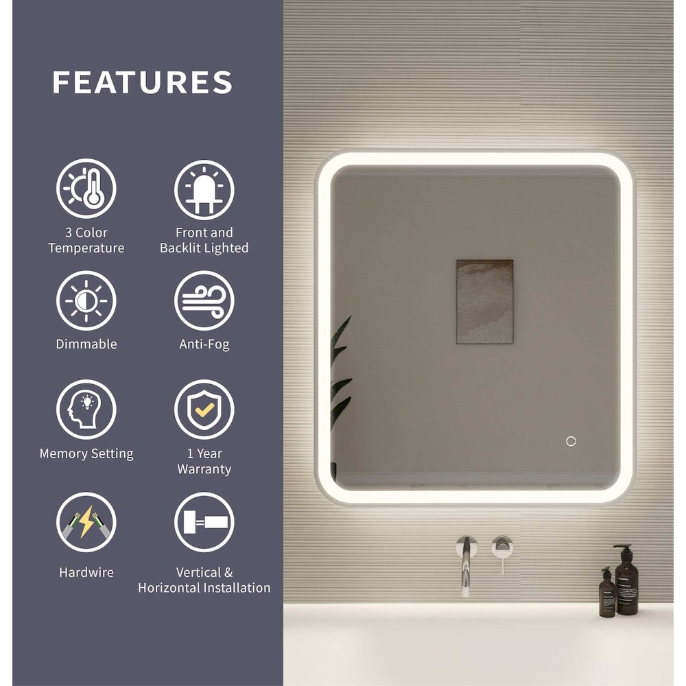 30 Inch Rectangle LED Front and Backlit Wall Mirror in Silver