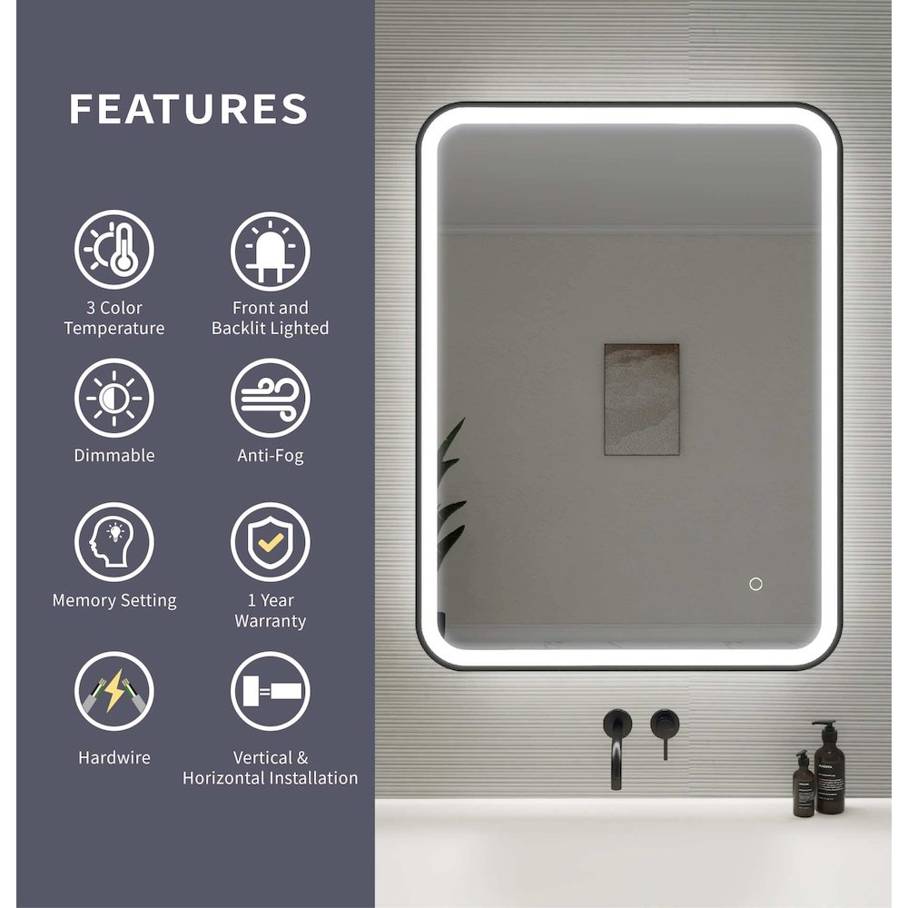 36 Inch Rectangle LED Front and Backlit Wall Mirror in Black