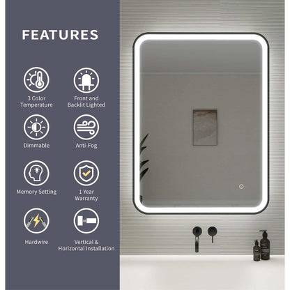 36 Inch Rectangle LED Front and Backlit Wall Mirror in Black