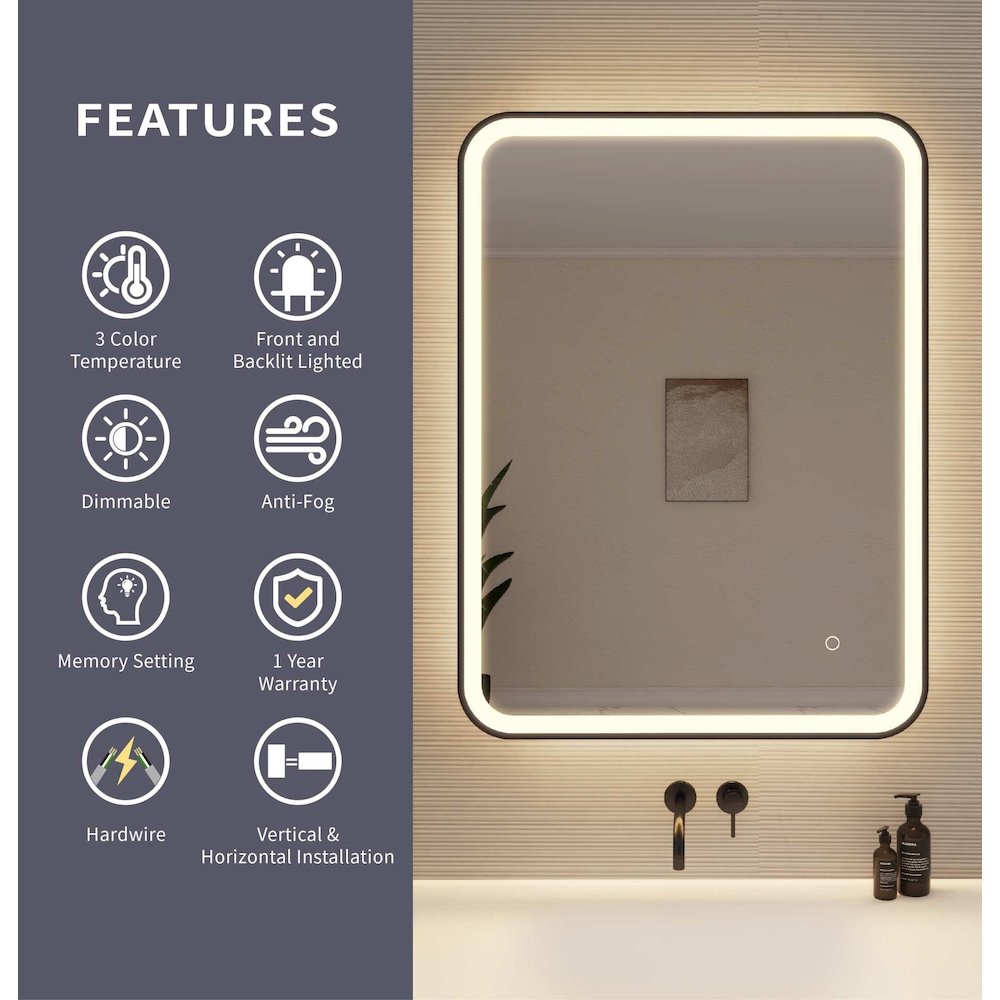 36 Inch Rectangle LED Front and Backlit Wall Mirror in Black