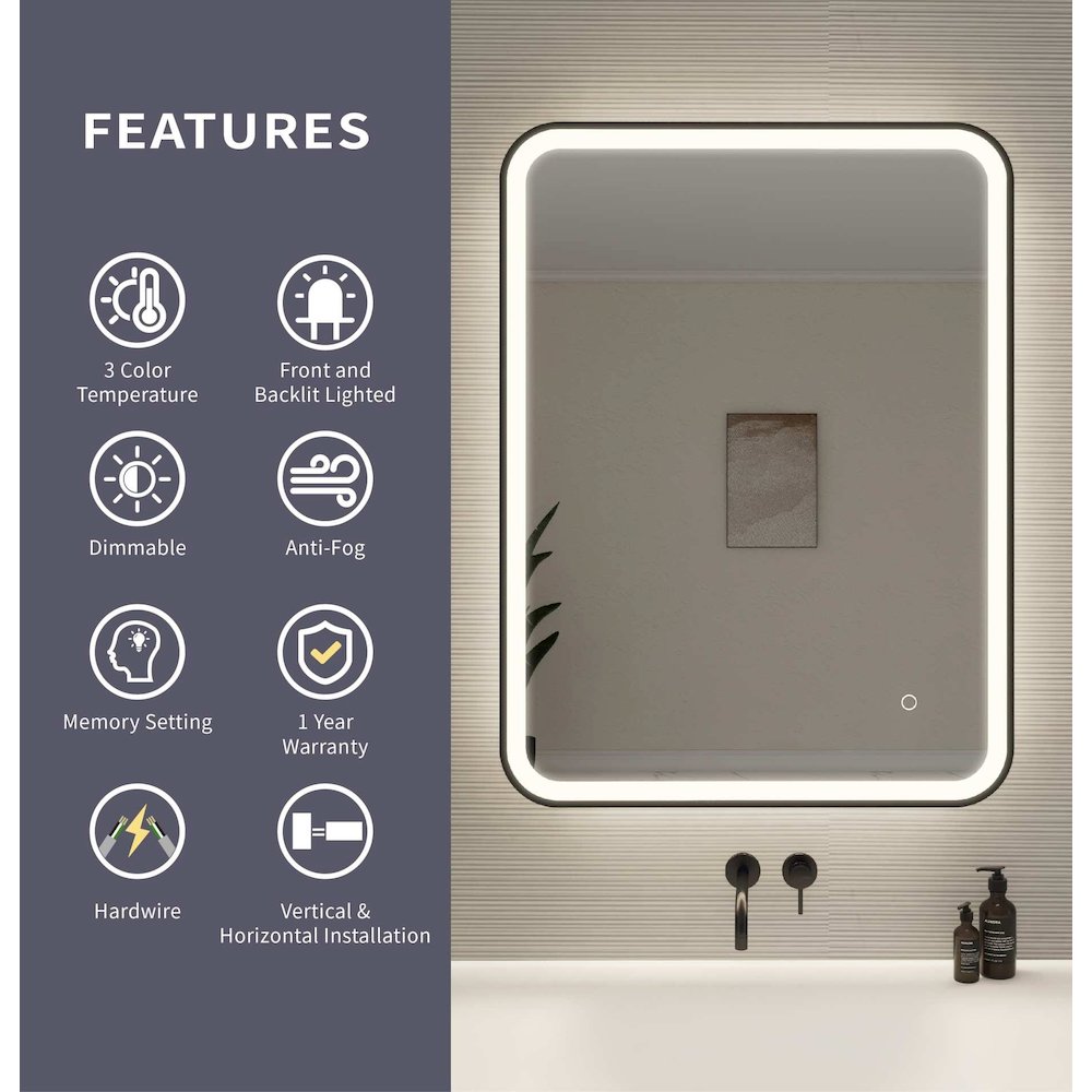 36 Inch Rectangle LED Front and Backlit Wall Mirror in Black
