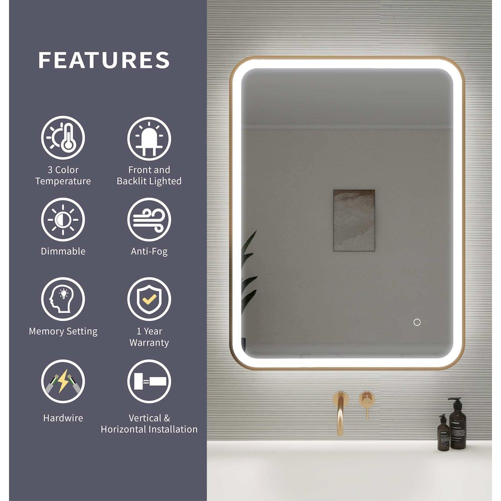 36 Inch Rectangle LED Front and Backlit Wall Mirror in Satin Gold