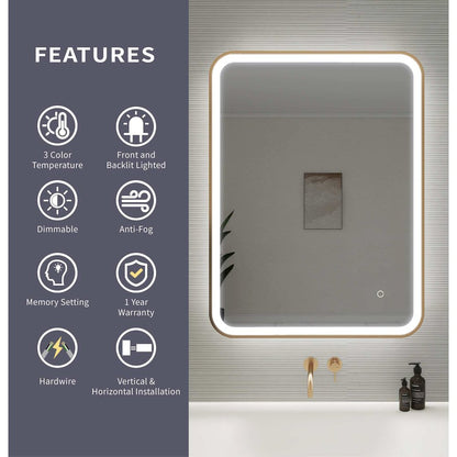 36 Inch Rectangle LED Front and Backlit Wall Mirror in Satin Gold