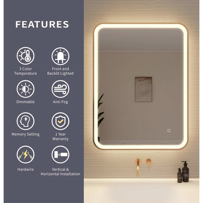 36 Inch Rectangle LED Front and Backlit Wall Mirror in Satin Gold