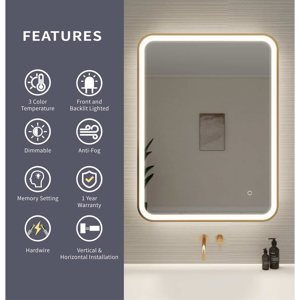 36 Inch Rectangle LED Front and Backlit Wall Mirror in Satin Gold