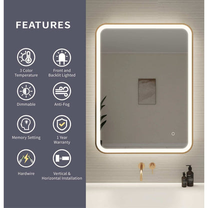 36 Inch Rectangle LED Front and Backlit Wall Mirror in Satin Gold