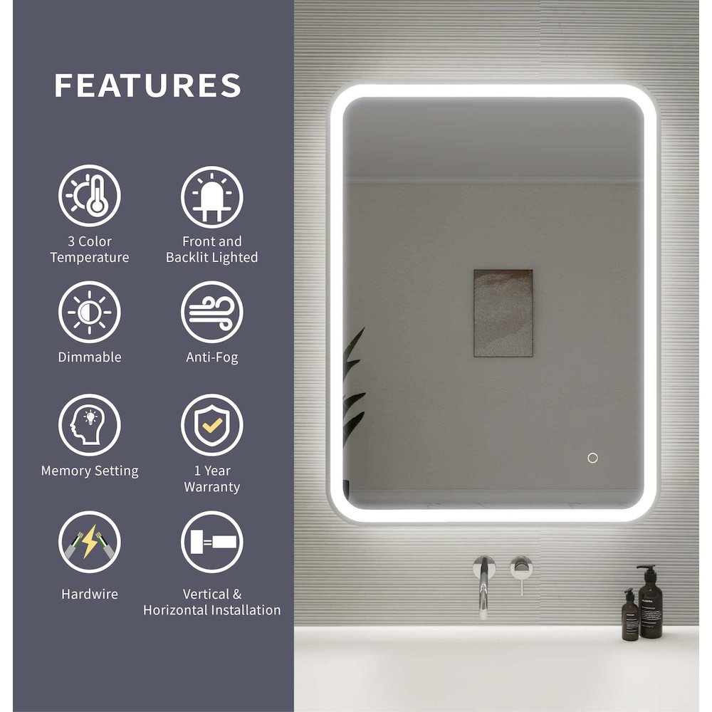 36 Inch Rectangle LED Front and Backlit Wall Mirror in Silver