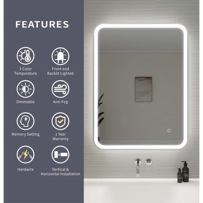 36 Inch Rectangle LED Front and Backlit Wall Mirror in Silver