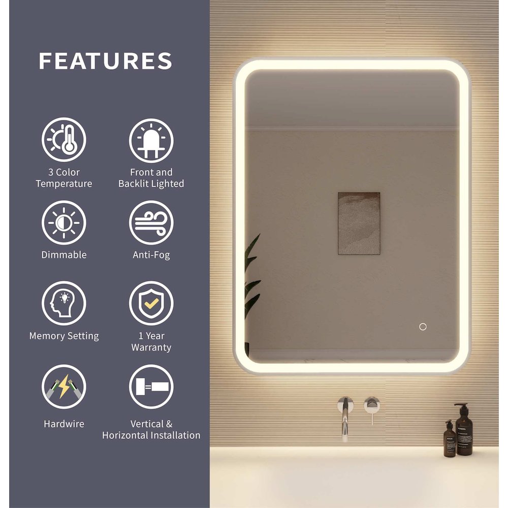 36 Inch Rectangle LED Front and Backlit Wall Mirror in Silver