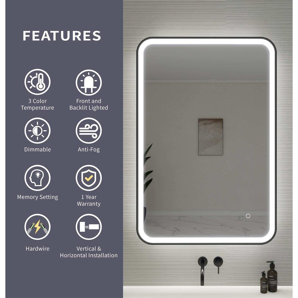 40 Inch Rectangle LED Front and Backlit Wall Mirror in Black