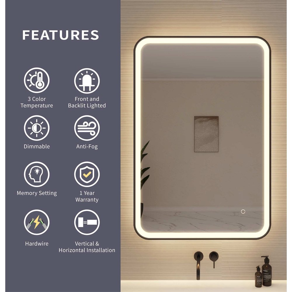 40 Inch Rectangle LED Front and Backlit Wall Mirror in Black