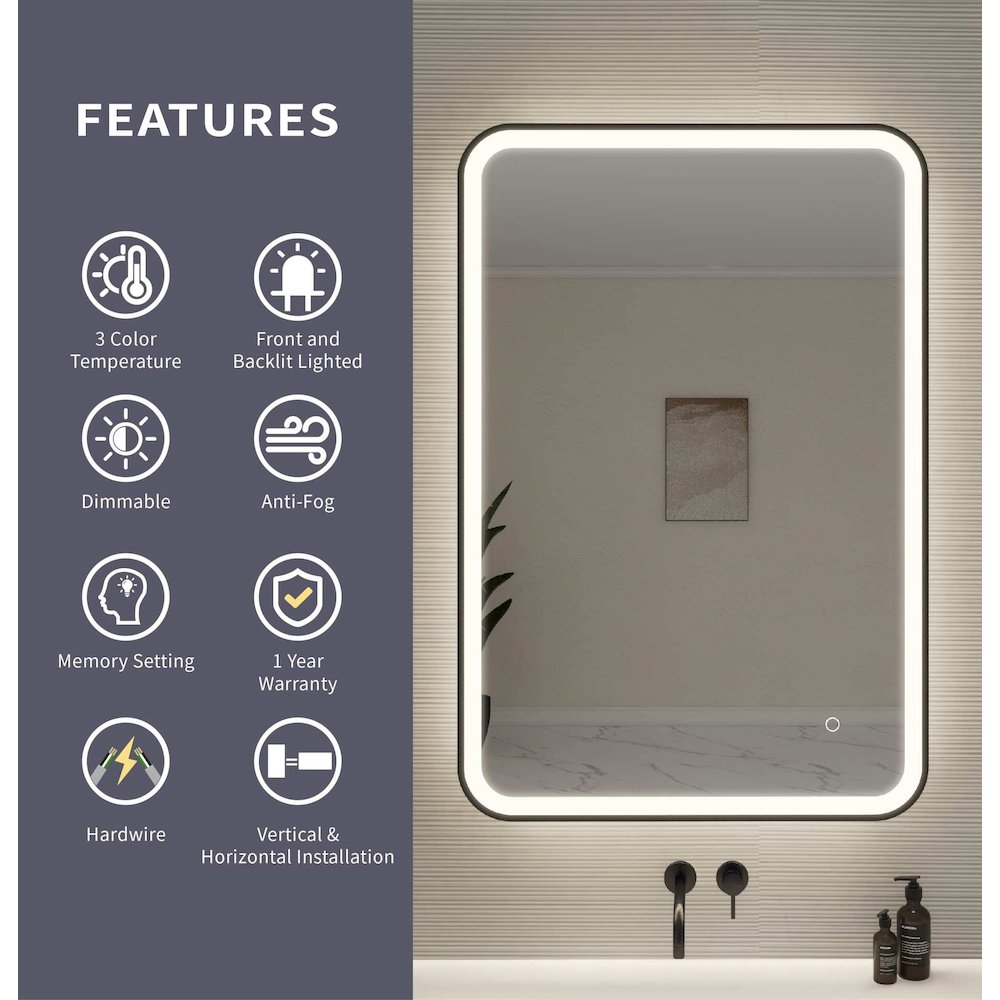 40 Inch Rectangle LED Front and Backlit Wall Mirror in Black