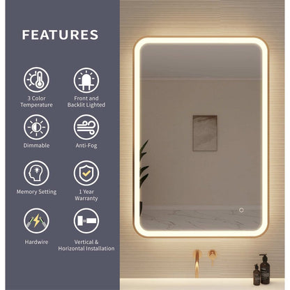 40 Inch Rectangle LED Front and Backlit Wall Mirror in Satin Gold
