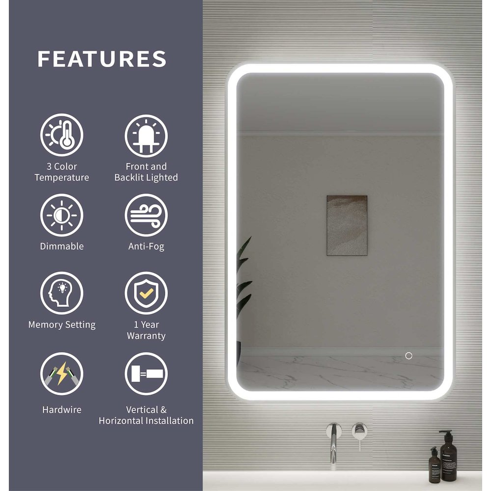 40 Inch Rectangle LED Front and Backlit Wall Mirror in Silver
