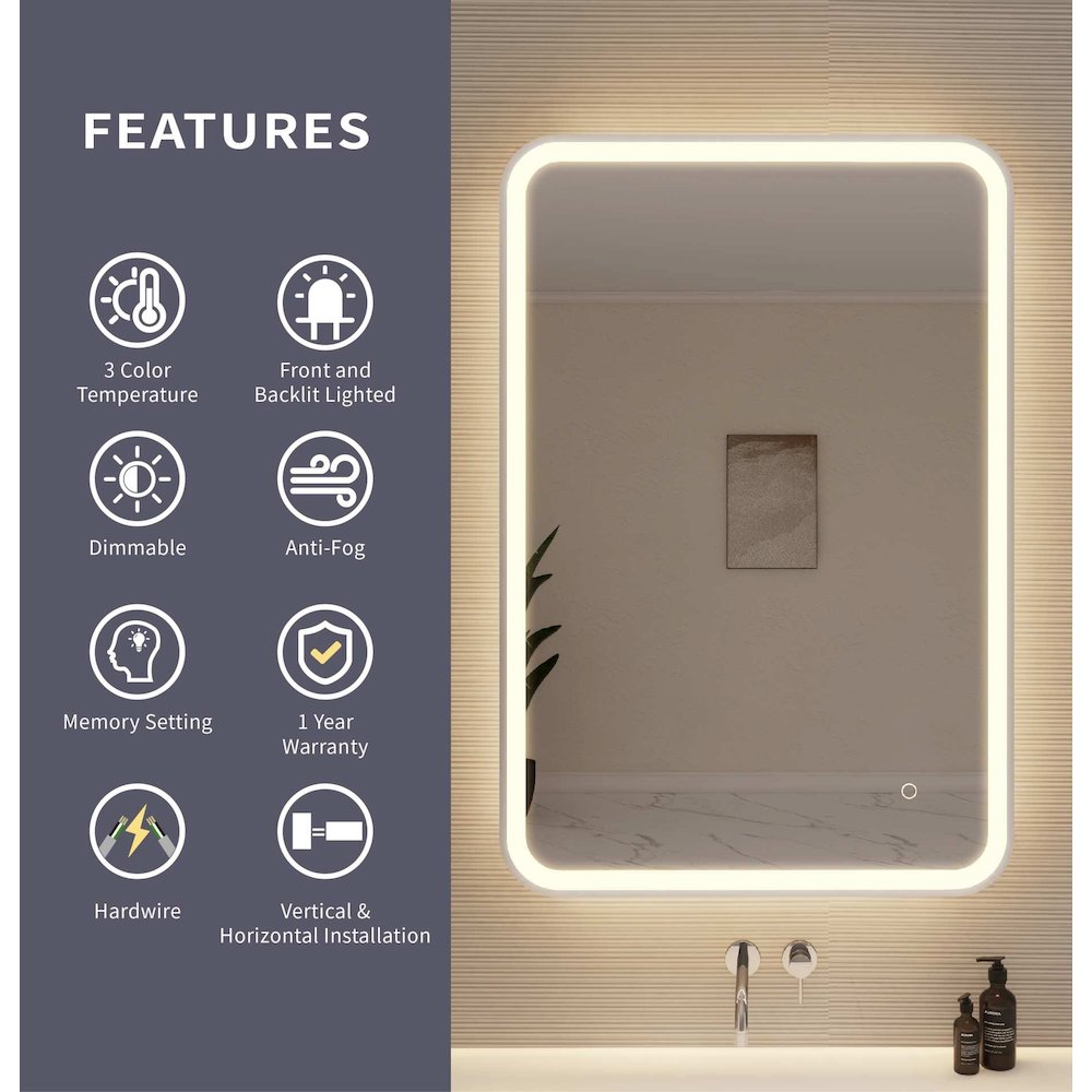 40 Inch Rectangle LED Front and Backlit Wall Mirror in Silver