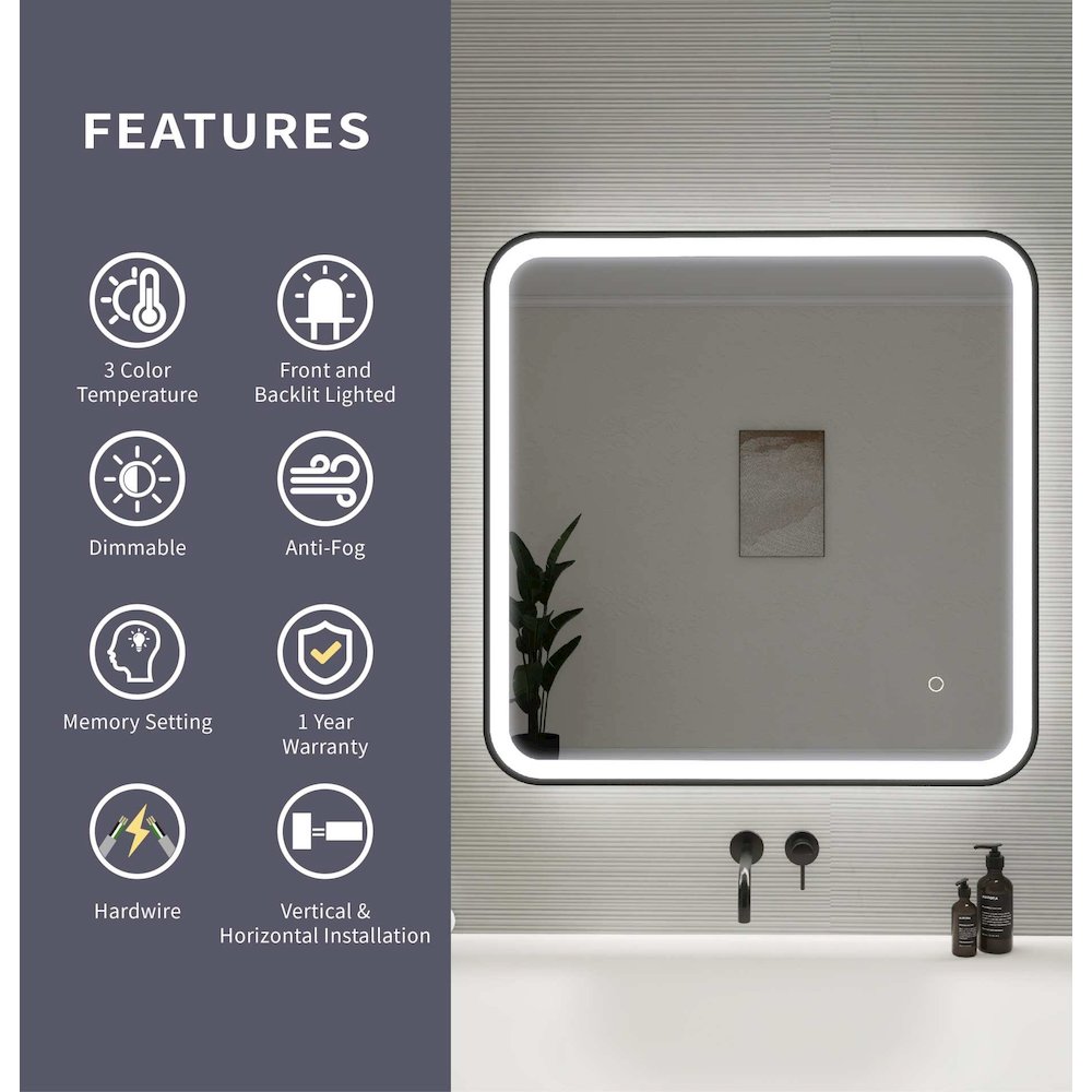 30 Inch Rectangle LED Front and Backlit Wall Mirror in Black