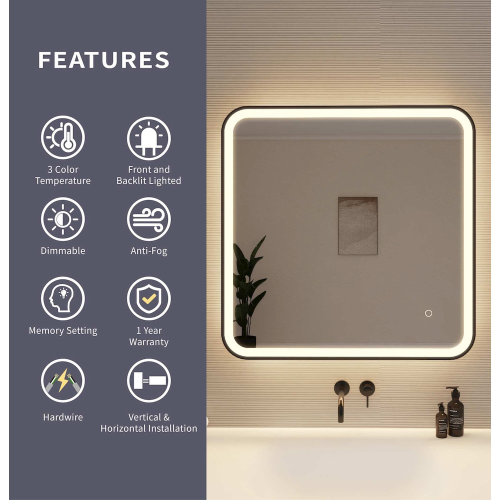 30 Inch Rectangle LED Front and Backlit Wall Mirror in Black