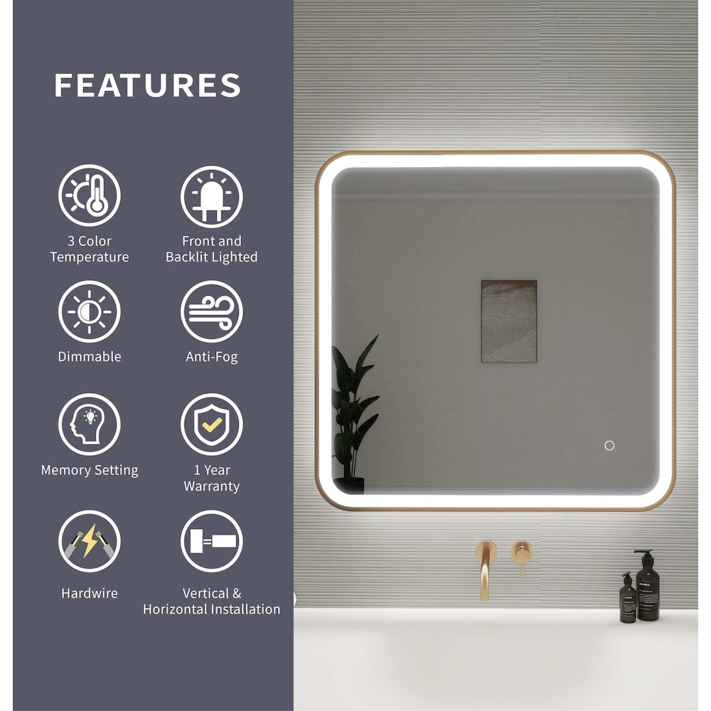 30 Inch Rectangle LED Front and Backlit Wall Mirror in Satin Gold