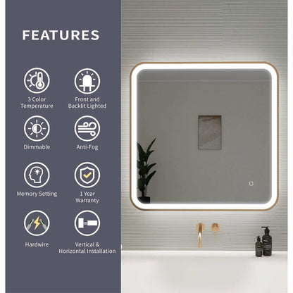 30 Inch Rectangle LED Front and Backlit Wall Mirror in Satin Gold