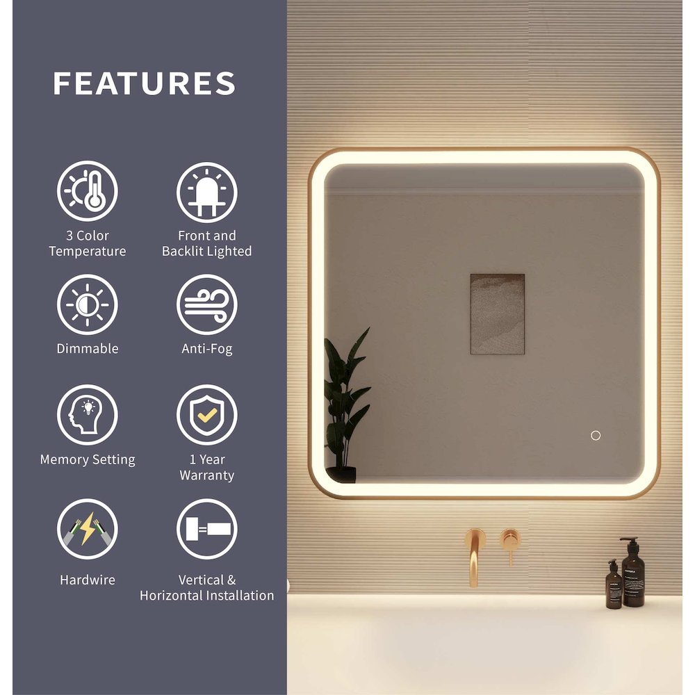 30 Inch Rectangle LED Front and Backlit Wall Mirror in Satin Gold