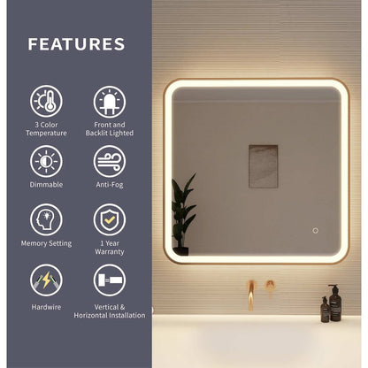 30 Inch Rectangle LED Front and Backlit Wall Mirror in Satin Gold